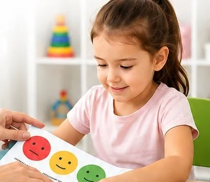 Niña sonriente mira una tarjeta con caritas de colores que le muestra un adulto durante una evaluación.