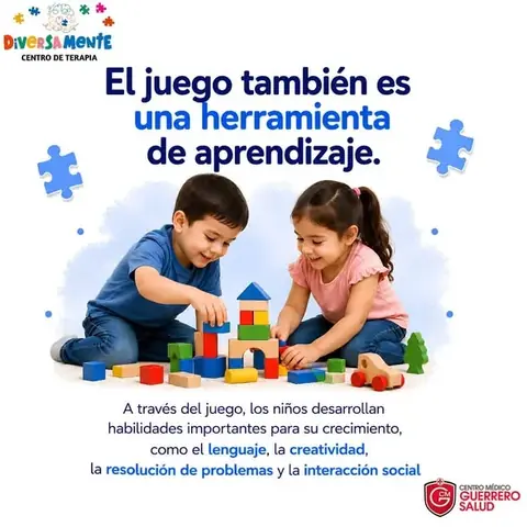 Publicación «El juego también es una herramienta de aprendizaje»: dos niños construyen con bloques; a través del juego desarrollan lenguaje, creatividad, resolución de problemas e interacción social.