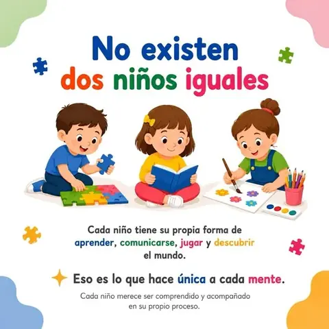 Publicación «No existen dos niños iguales» con la ilustración de tres niños: cada niño tiene su propia forma de aprender, comunicarse, jugar y descubrir el mundo.