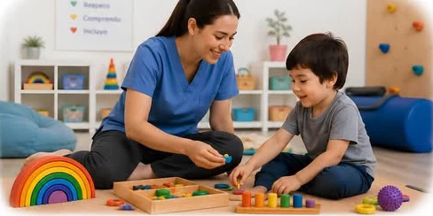 Terapeuta sentada en el piso jugando con un niño con bloques de colores en una sala de terapia.